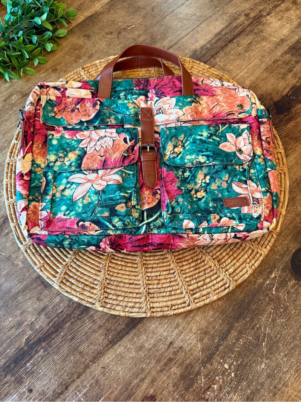 NWOT BAOSHA Floral Computer Briefcase Style Bag with Teal & Pink